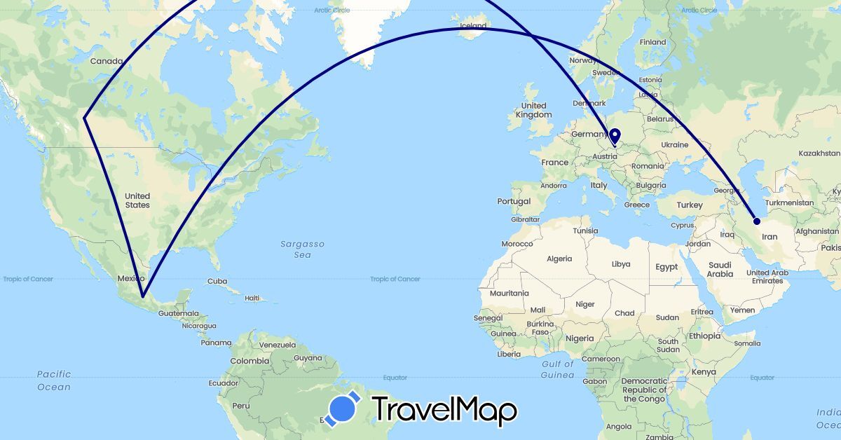 TravelMap itinerary: driving in Canada, Czech Republic, Iran, Mexico (Asia, Europe, North America)